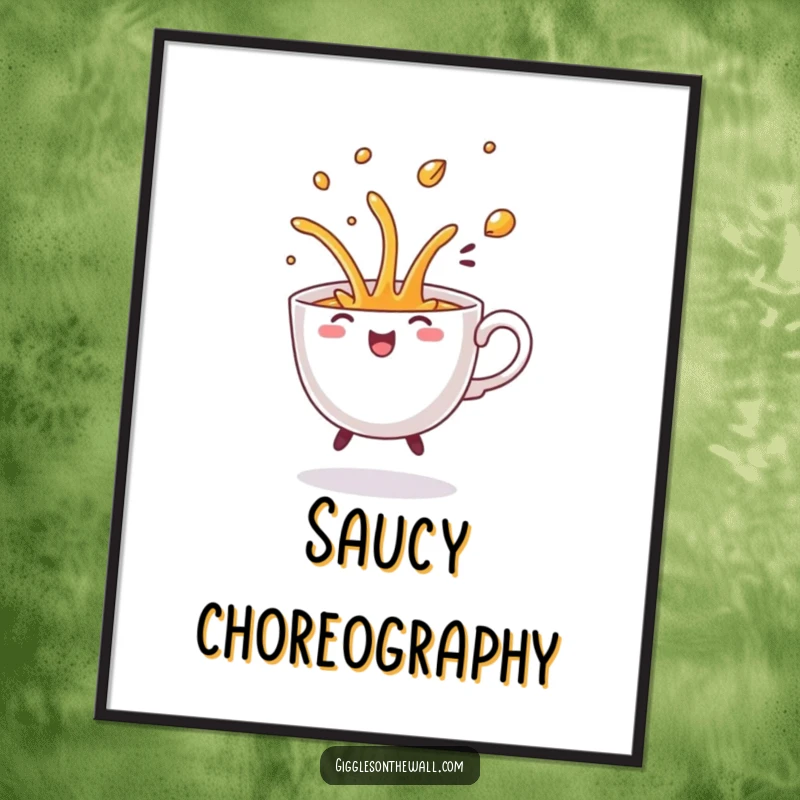 Funny Dancing Teacup Digital Art Print, showing a teacup dancing and spilling its contents with a comical flourish.