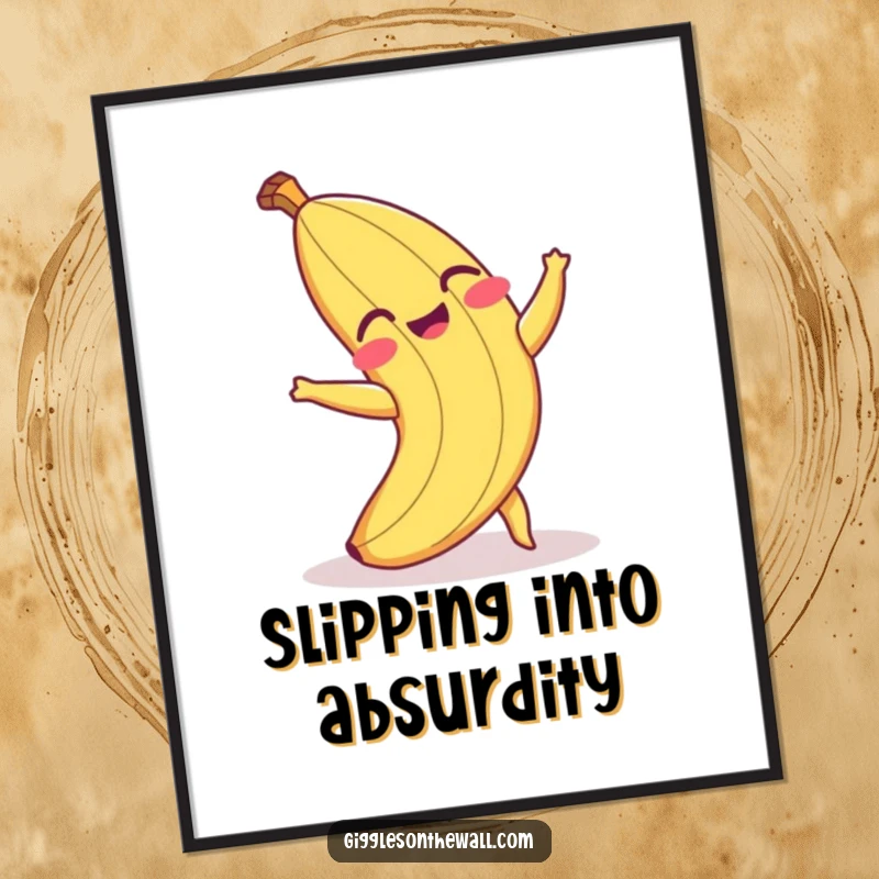 Funny digital art print of a laughing banana peel comically tripping, ready to be printed and displayed for instant humor.
