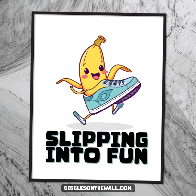 Funny digital art print of a smiling banana peel attempting to trip a running shoe, perfect for instant humorous decor.