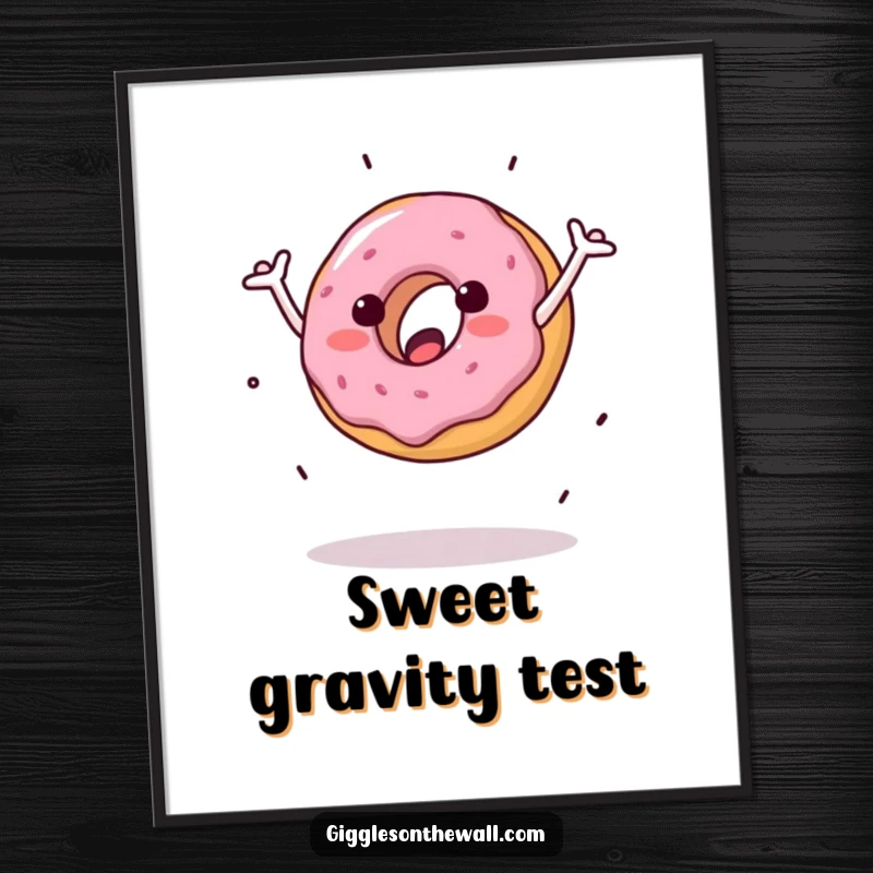 Funny digital art print of a donut doing a clumsy cartwheel, adding a humorous and relatable visual element to any display.