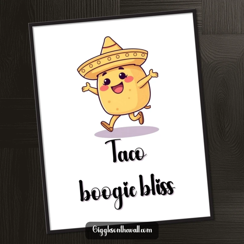 Funny digital art print of a happy taco wearing a tiny sombrero, moonwalking with energetic flair and festive charm.