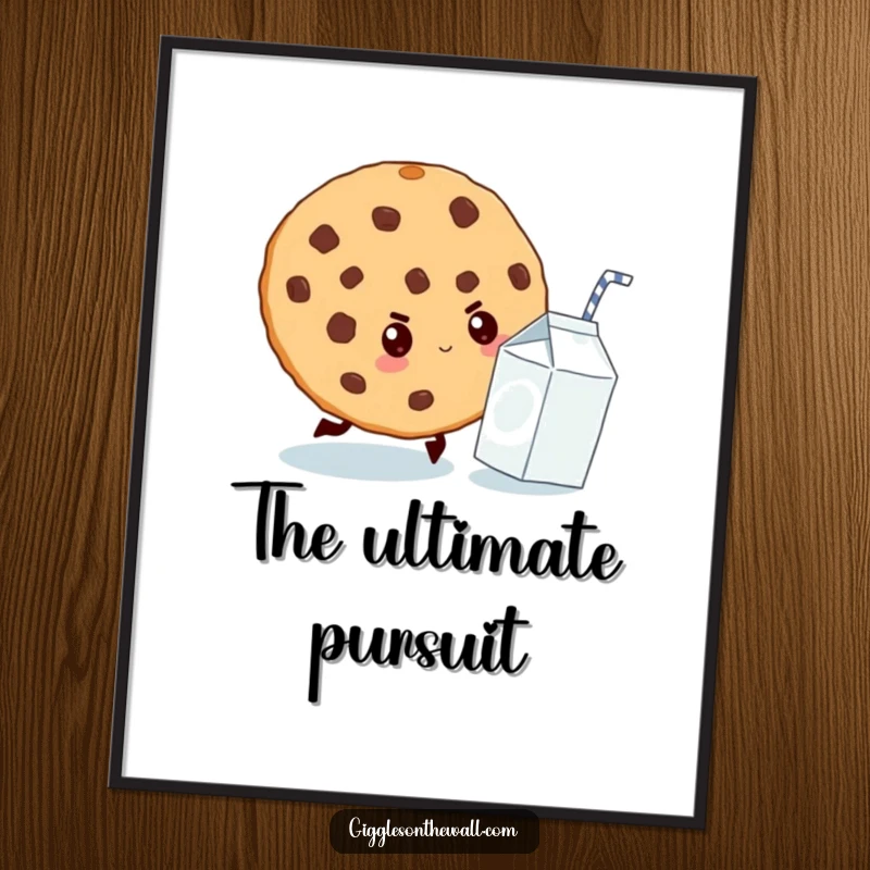 Funny digital art print of a determined giant cookie chasing a tiny milk carton, ready to add sweet humor to any display.