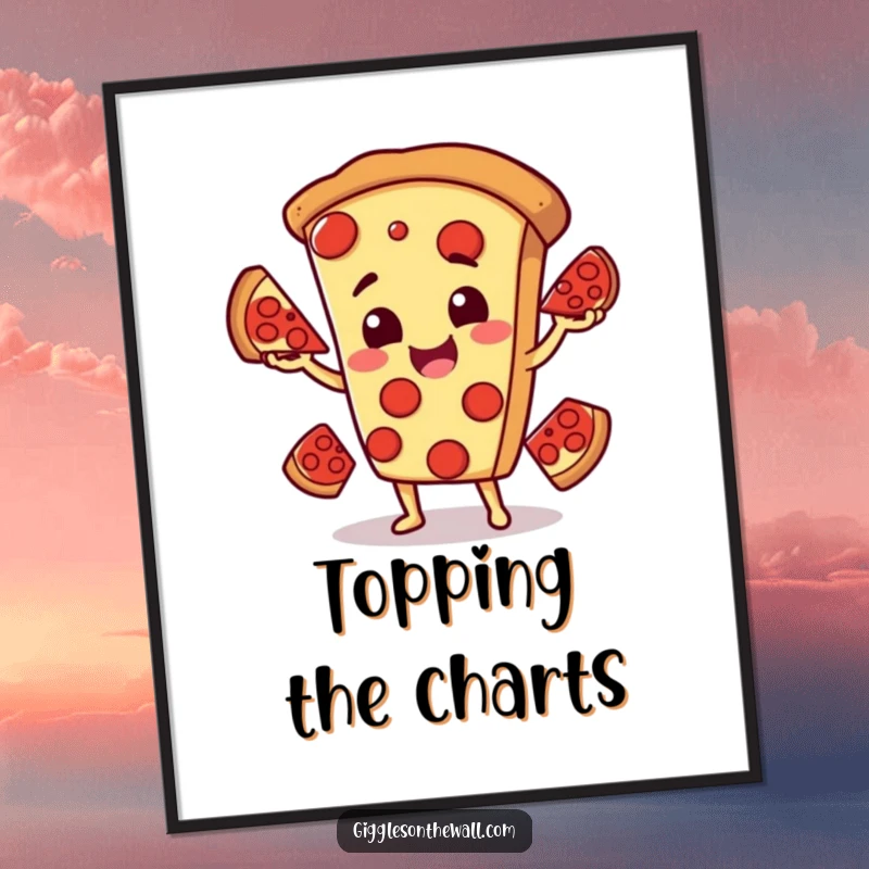 Funny digital art print of a smiling pizza character comically juggling pepperoni slices, perfect for instant humorous wall decor.