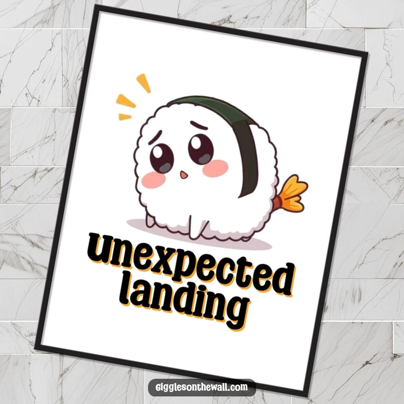 Funny digital art print of a surprised sushi character hilariously tripping over its tail, perfect for instant humorous wall decor.