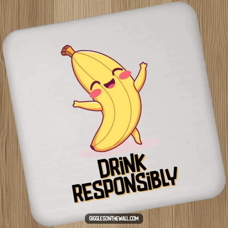 Funny drink coaster set featuring a laughing banana peel comically tripping, protecting surfaces with a humorous design.