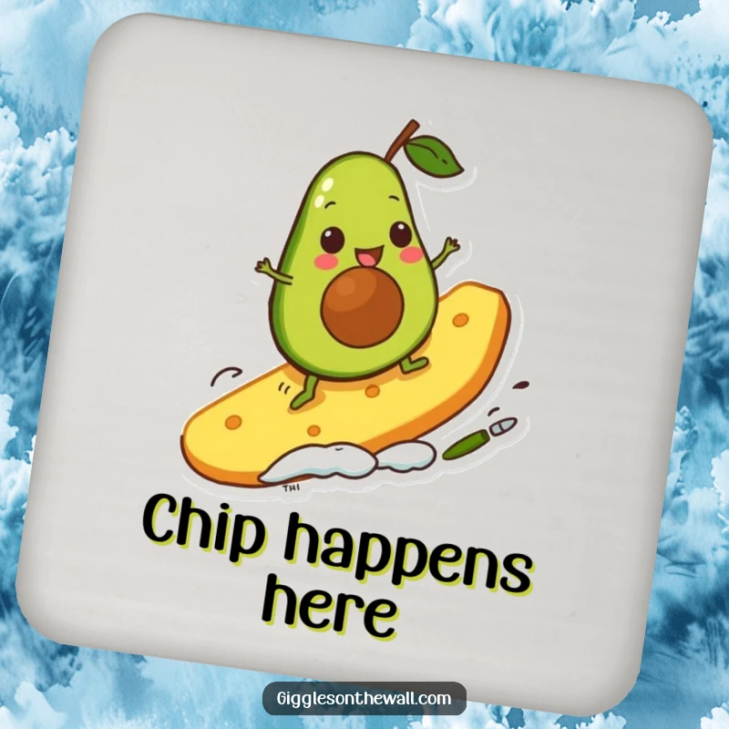 Funny avocado character surfing a giant chip on a drink coaster, adding a touch of comical, food-themed decor to any beverage setting.