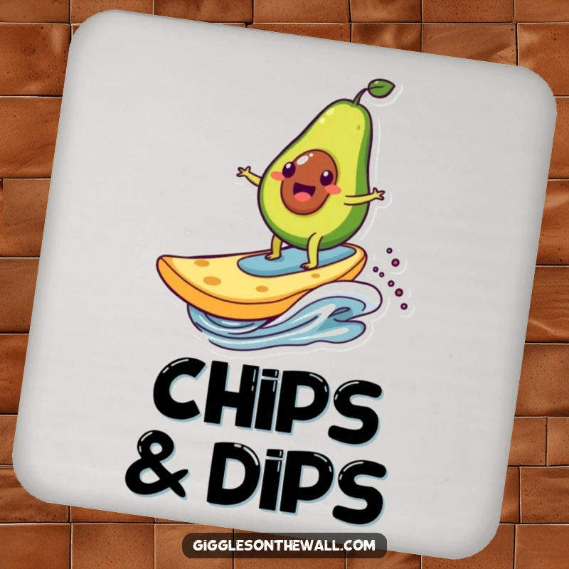 Funny drink coaster with an avocado character surfing on a giant chip, a humorous and practical item to protect tables.