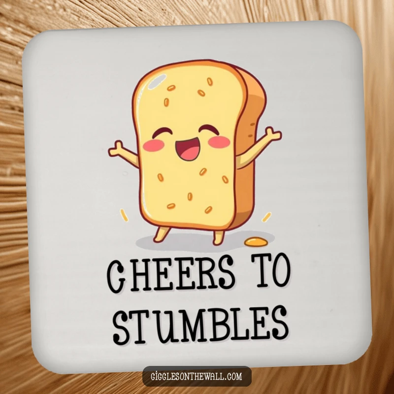 Funny drink coaster featuring a bread loaf in a clumsy, joyful pratfall, protecting surfaces with lighthearted humor, a charming funny gift.