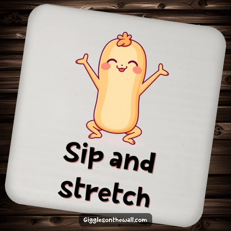 Funny cheerful baguette in a yoga pose on a drink coaster, protecting surfaces with humor, great funny gift.