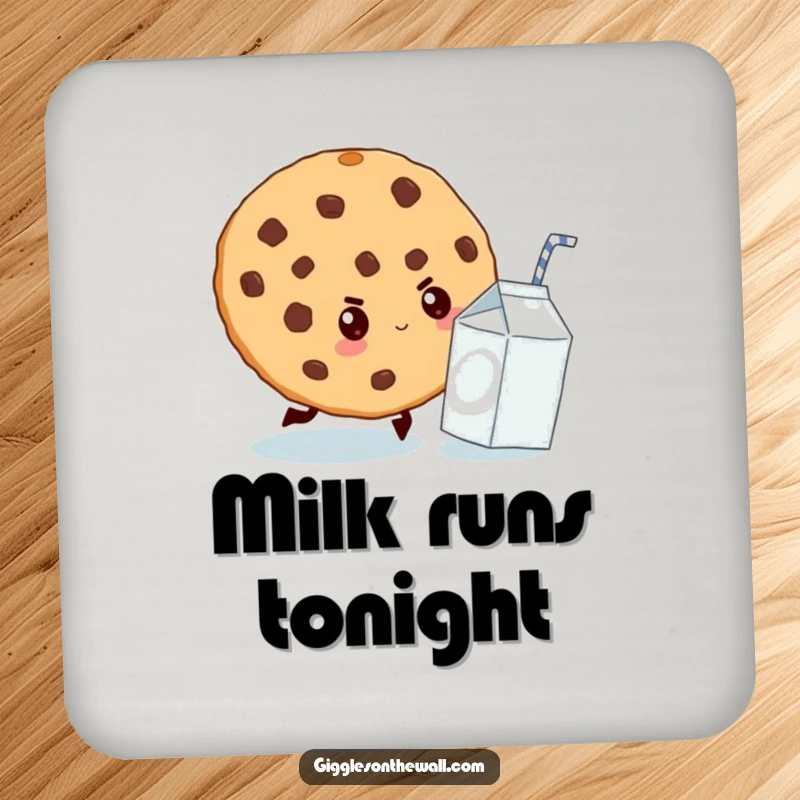 Funny coasters featuring a giant cookie determinedly chasing a tiny milk carton, perfect for protecting surfaces with snack humor.