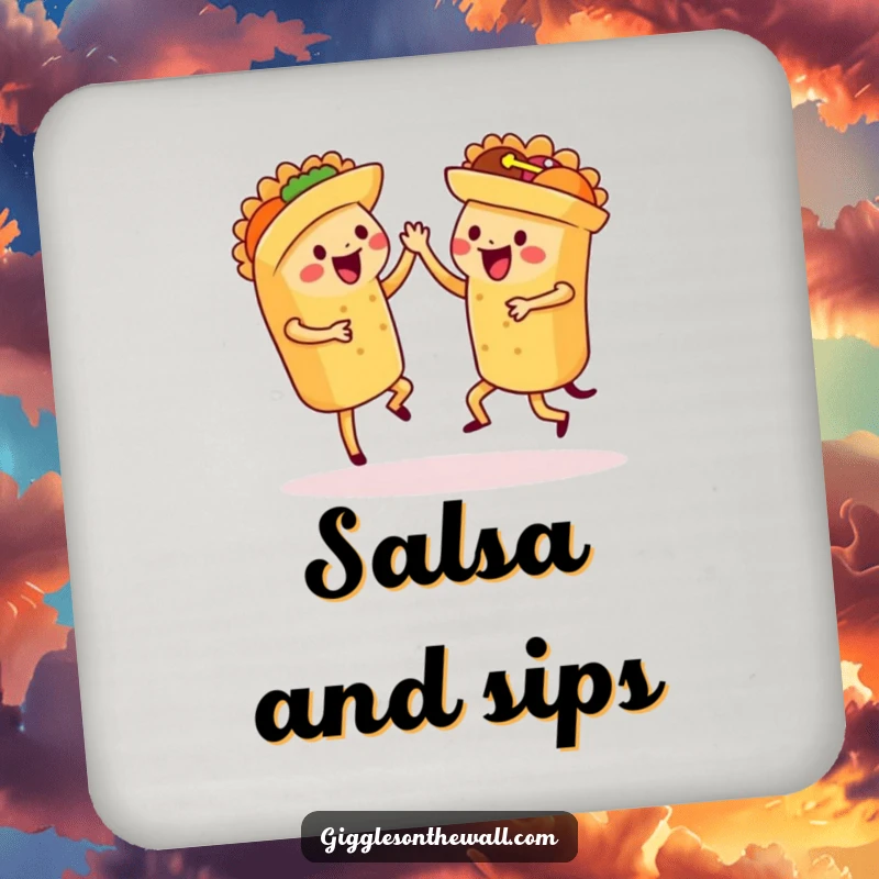 Funny dancing tacos coasters, set of coasters with a set of tacos performing a synchronized salsa dance.