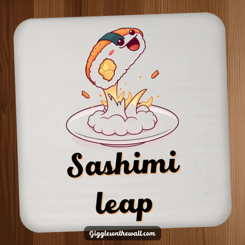 Funny sushi dramatically leaping off a plate on a drink coaster, protecting surfaces with humor, great funny gift.