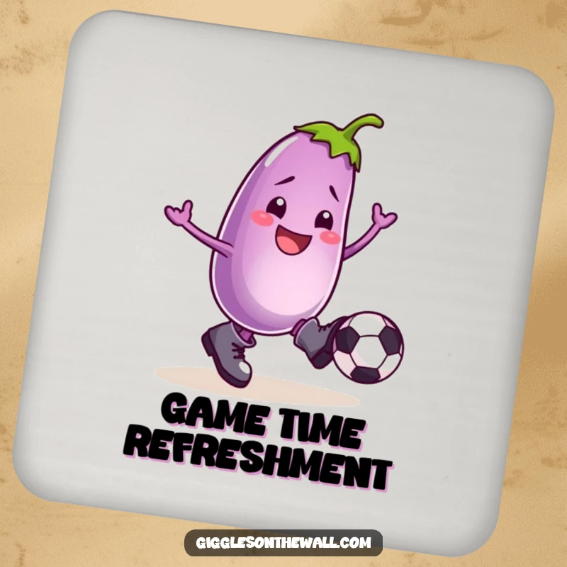 Funny drink coaster with a smiling eggplant in boots, kicking a football, a humorous and practical addition to any surface.