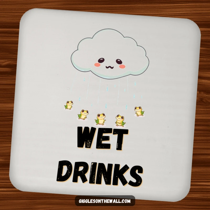 Funny frog rain cloud coaster with a cloud crying a large tear, raining tiny bouncing frogs, adding whimsical humor to surfaces.