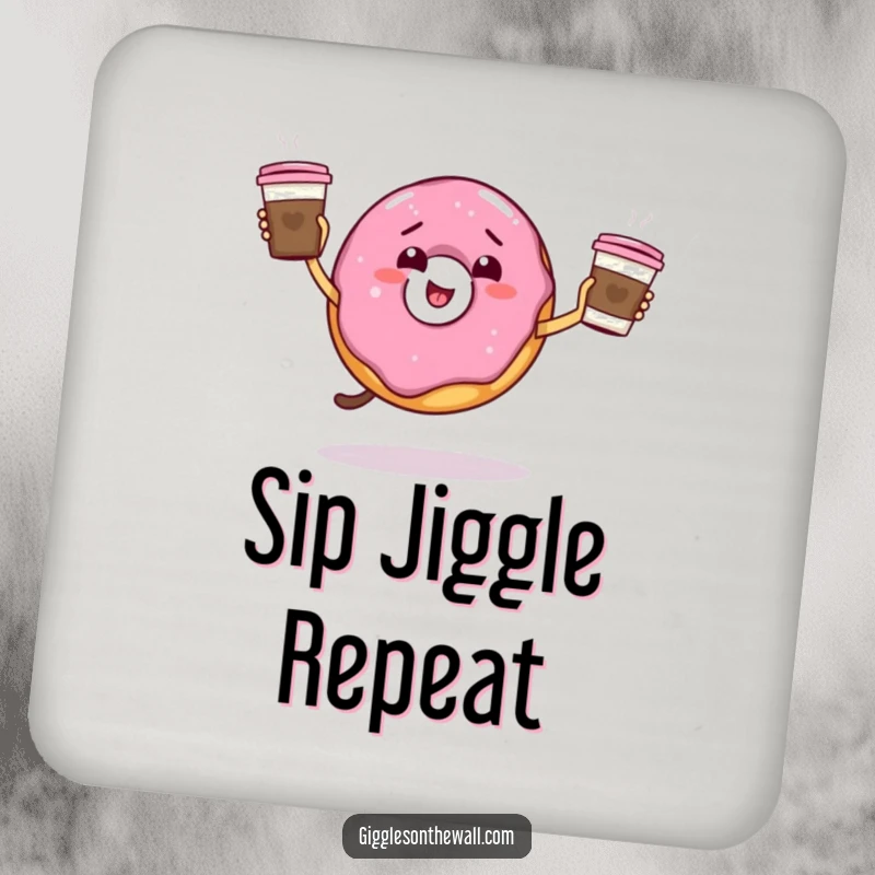 Funny giddy donut juggling coffee cups on a drink coaster, protecting surfaces with humor, great funny gift.