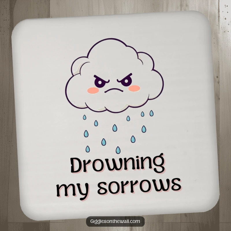 Funny drink coaster set showing a grumpy cloud character raining tiny, happy raindrops, adding whimsy to tabletops.