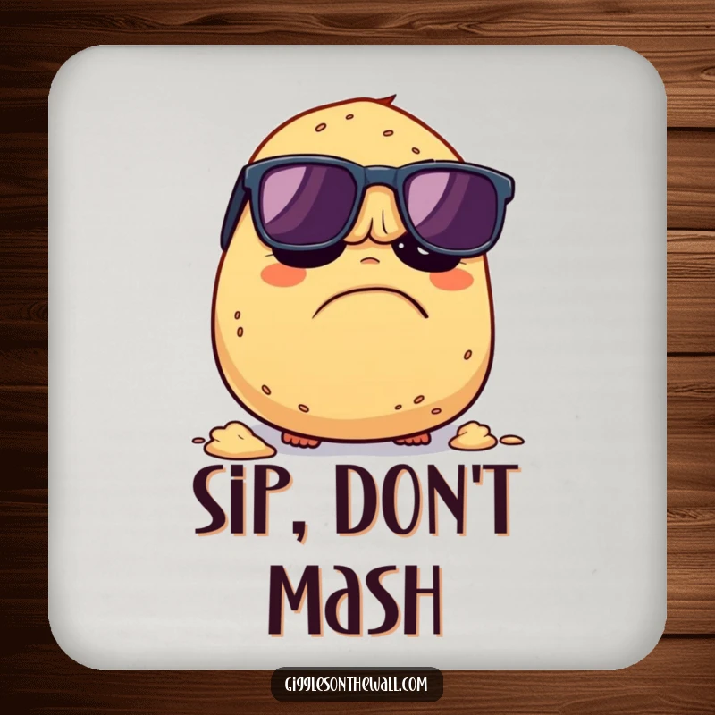 Funny Grumpy Potato Drink Coaster: A coaster featuring a grumpy potato with sunglasses trying to escape being mashed, adding humorous flair.