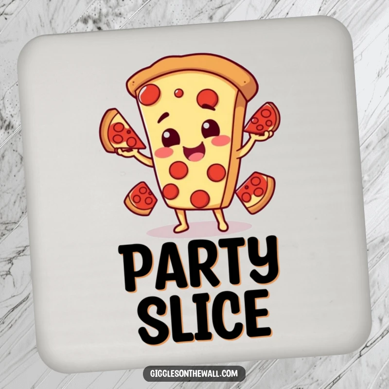 Funny drink coaster featuring a smiling pizza character juggling pepperoni slices, perfect for protecting tables with a humorous food theme.
