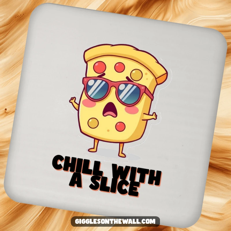 Funny drink coaster featuring a surprised slice of pizza wearing tiny sunglasses, adding a cool touch.
