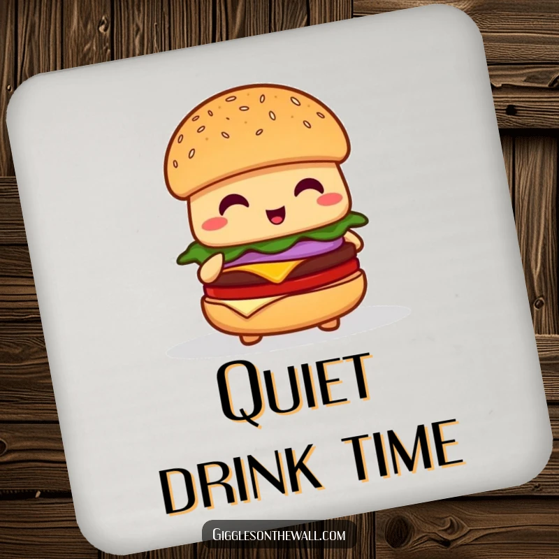 Funny shy hamburger coasters, set of coasters with a timid burger character attempting to give a speech.