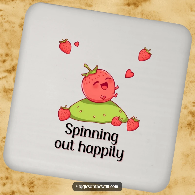 Funny Strawberry Coasters: A set of coasters showcasing a giggling strawberry rolling down a hill, adding a fun element to drink service.