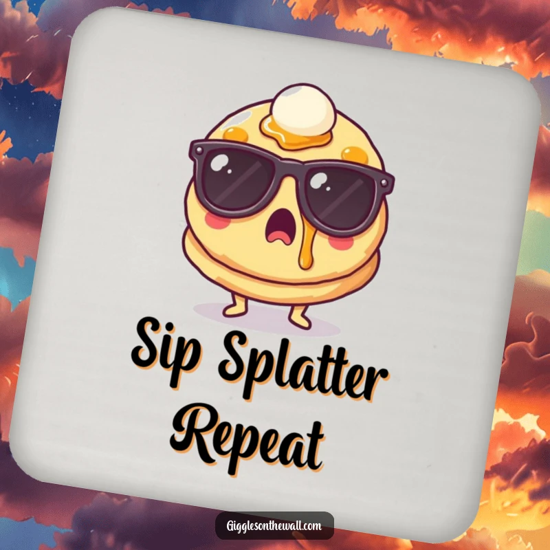 Funny surprised pancake with sunglasses and syrup on a drink coaster, protecting surfaces with humor, great funny gift.