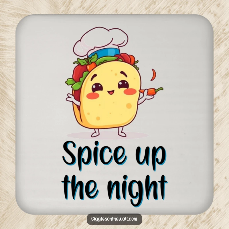 Funny taco chef drink coaster comically juggling chili peppers, a humorous and protective table accessory.