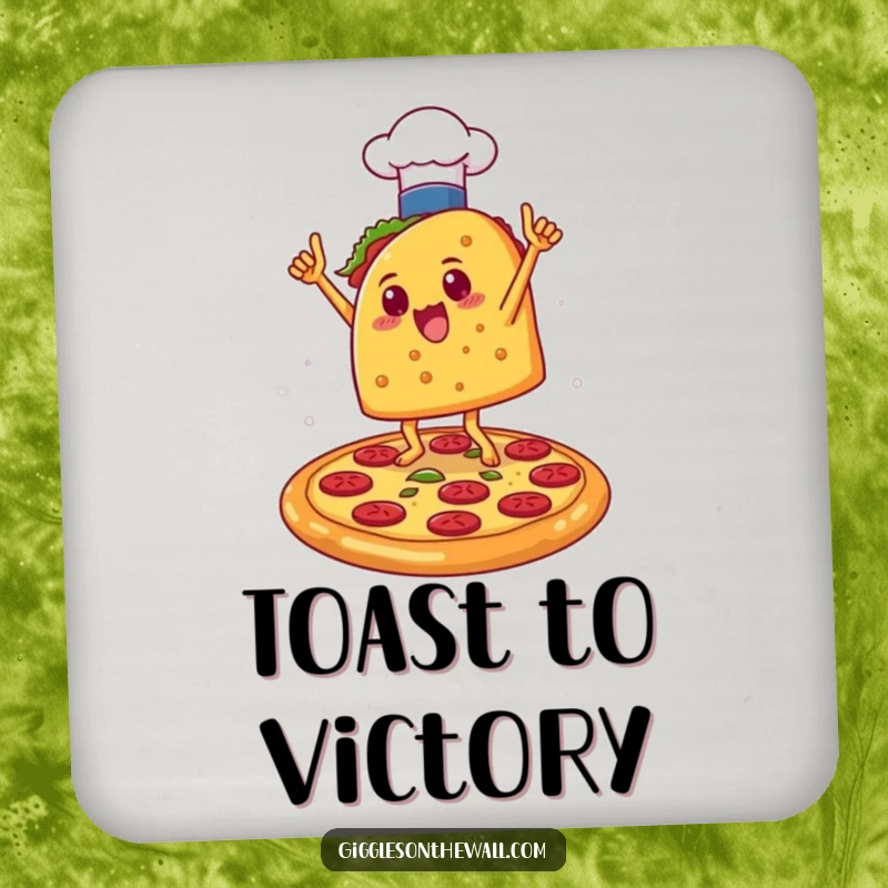 Funny Taco Chef Victory Drink Coaster: A coaster featuring a taco in a chef hat doing a victory dance on a pizza, adding humorous flair.