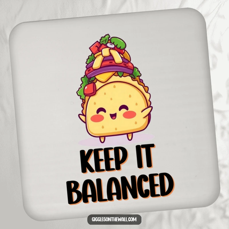 Funny blushing taco character balancing a mountain of toppings on a drink coaster, bringing humorous and food-themed protection to any surface.