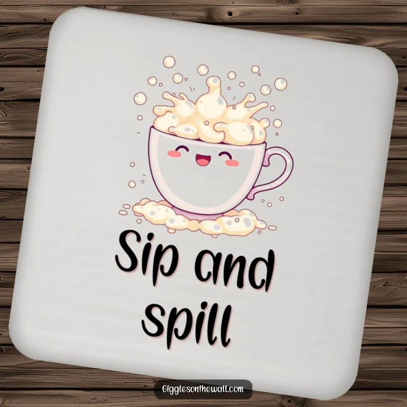 Funny teacup drink coaster comically overflowing with bubbles and splashing, a humorous and protective table accessory.