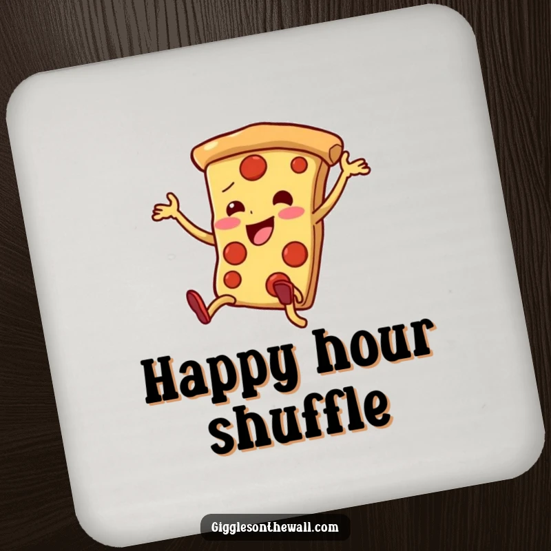 Funny pizza slice drink coaster with legs dancing enthusiastically, clumsy yet charming, a humorous table accessory.