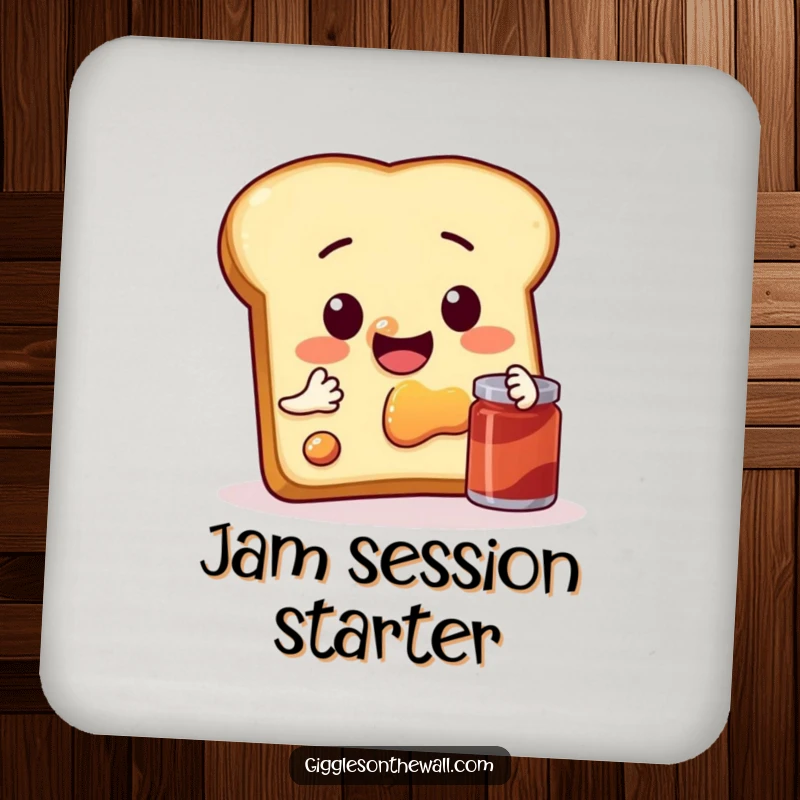 Funny drink coaster featuring a sentient slice of toast attempting a selfie with jam, adding humor to surfaces.