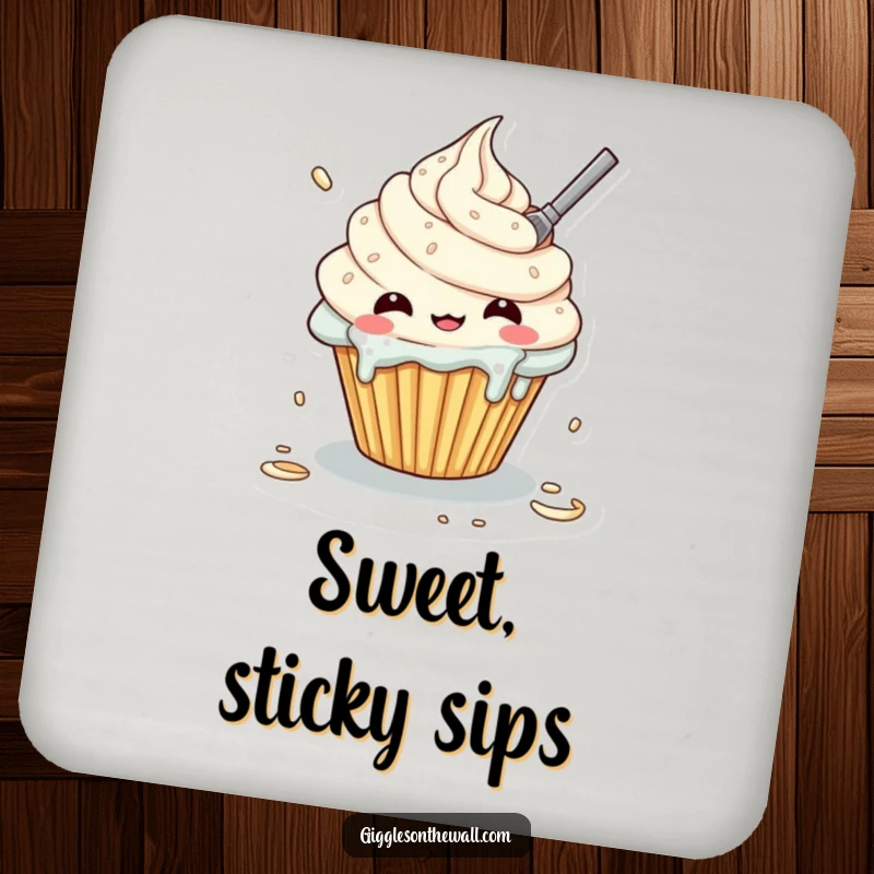Funny drink coaster featuring a cupcake character comically frosting itself, creating a sweet mess, for surface protection.