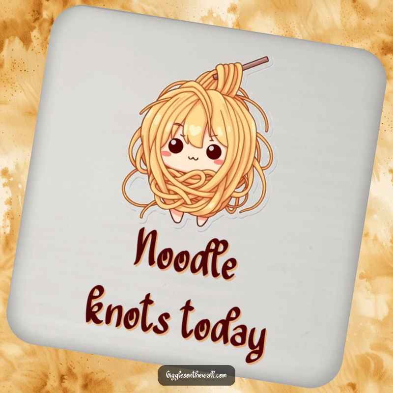 Funny drink coaster featuring a bewildered ramen noodle character tangled in its own strands, for surface protection.