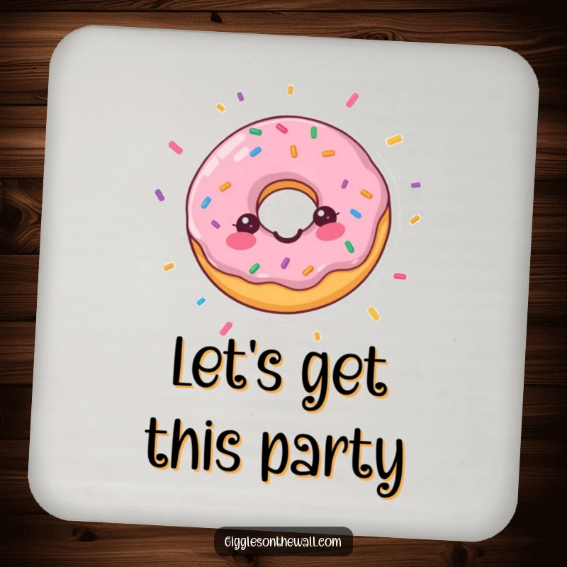 Funny drink coaster featuring a happy donut with confetti, protecting surfaces with cheerful celebration, a charming funny gift.