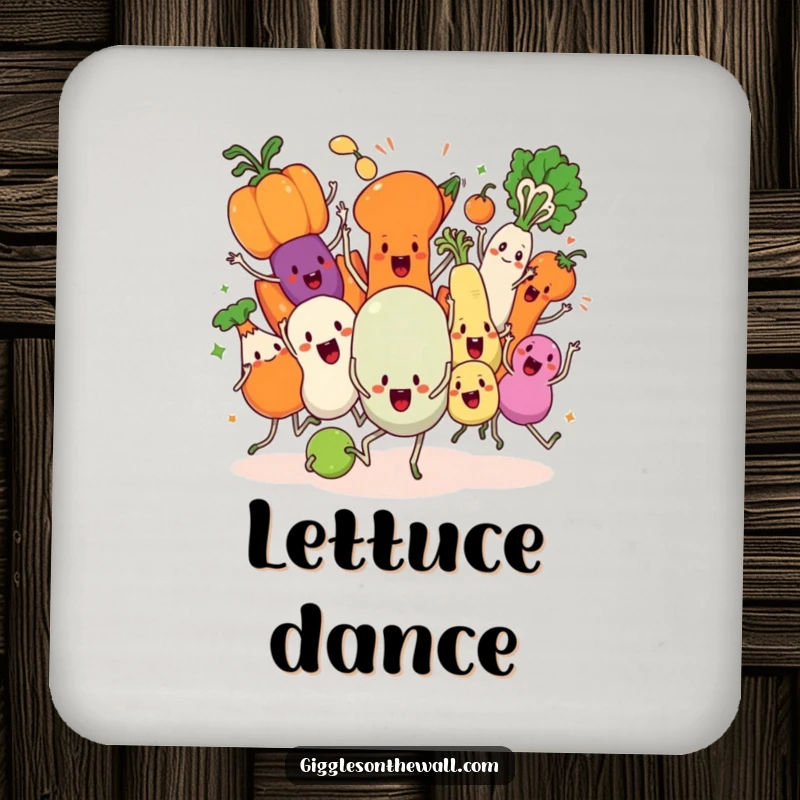 Funny Veggie Dance Coaster, depicting animated vegetables in a chaotic synchronized dance, perfect for protecting surfaces.