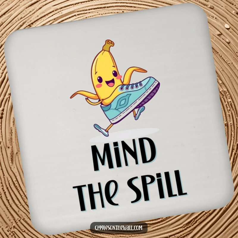 Funny drink coaster featuring a smiling banana peel attempting to trip a running shoe, adding humor to surfaces.