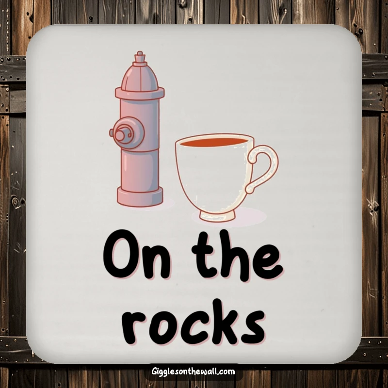 Funny drink coaster, a teacup hugging a fire hydrant, protective and decorative, humorous art.