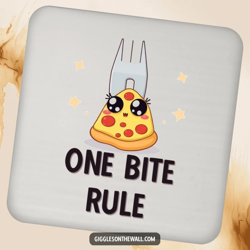 Funny drink coaster showing a pizza slice with wide eyes staring at a giant fork backstage. A humorous protective accessory.