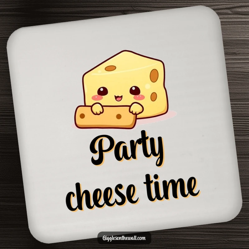 Funny drink coaster with a cheese character attempting to hide behind a cracker, a humorous and practical item to protect surfaces.