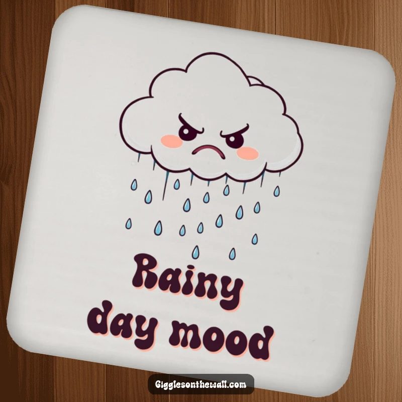 Funny grumpy cloud coasters, set of coasters with a displeased cloud raining tiny, disgruntled raindrops.