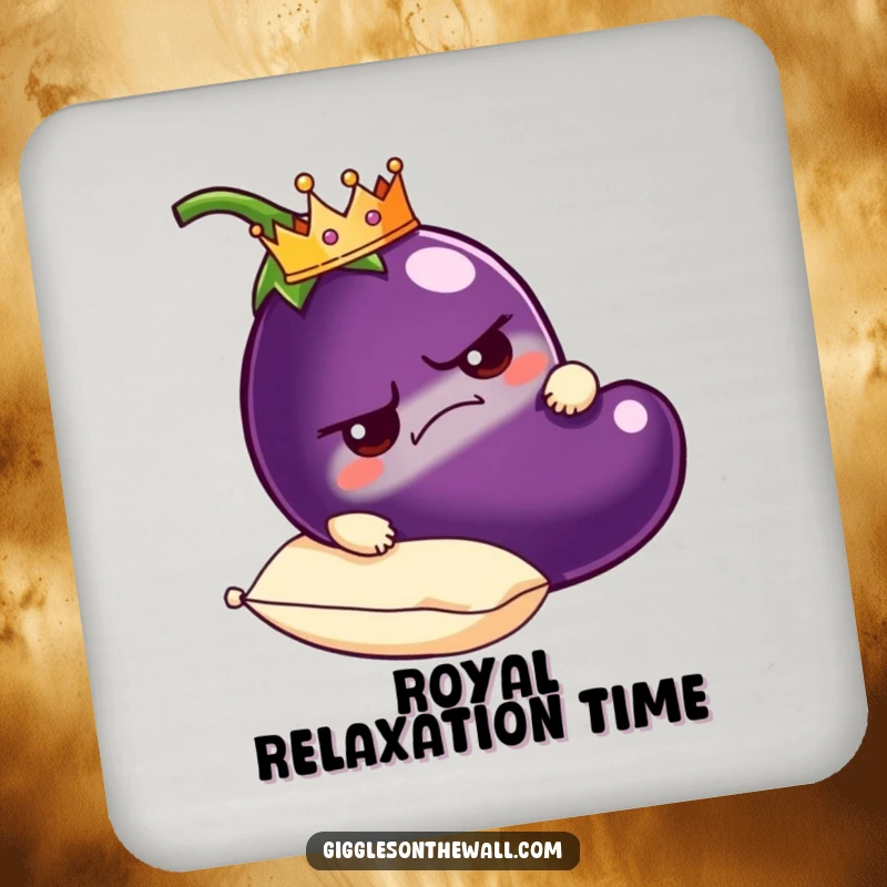 Funny grumpy eggplant drink coaster wearing a crown, carried on a plush pillow, a humorous and protective table accessory.
