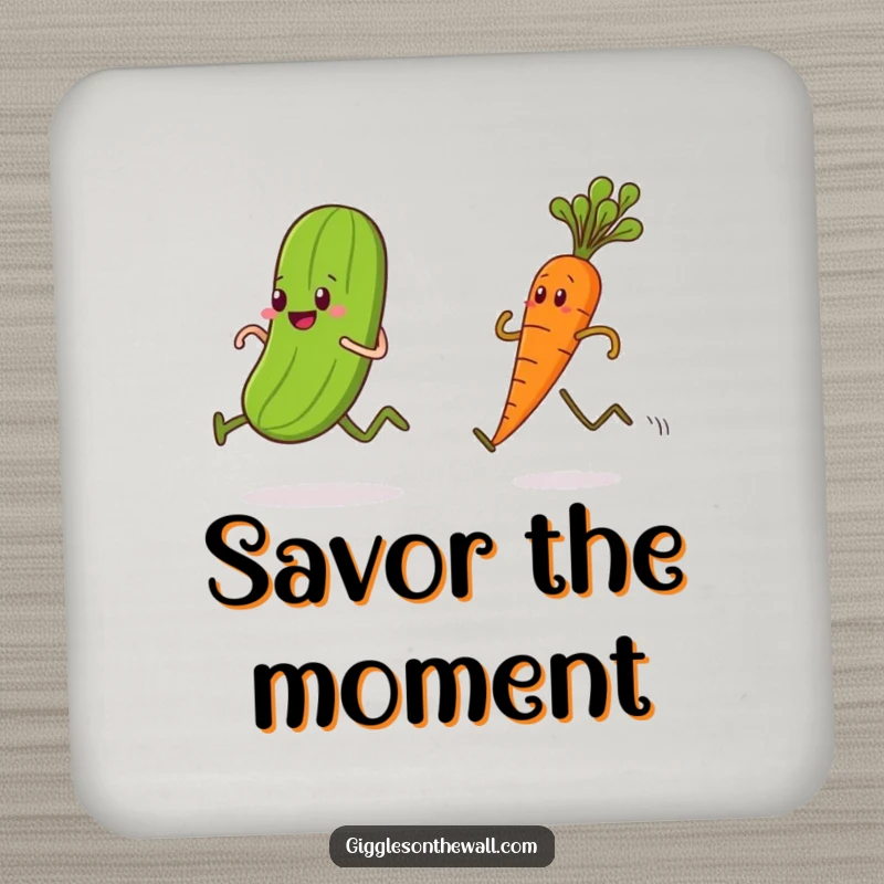 Funny drink coaster, pickle racing a carrot, humorous vegetable art, protects surfaces.