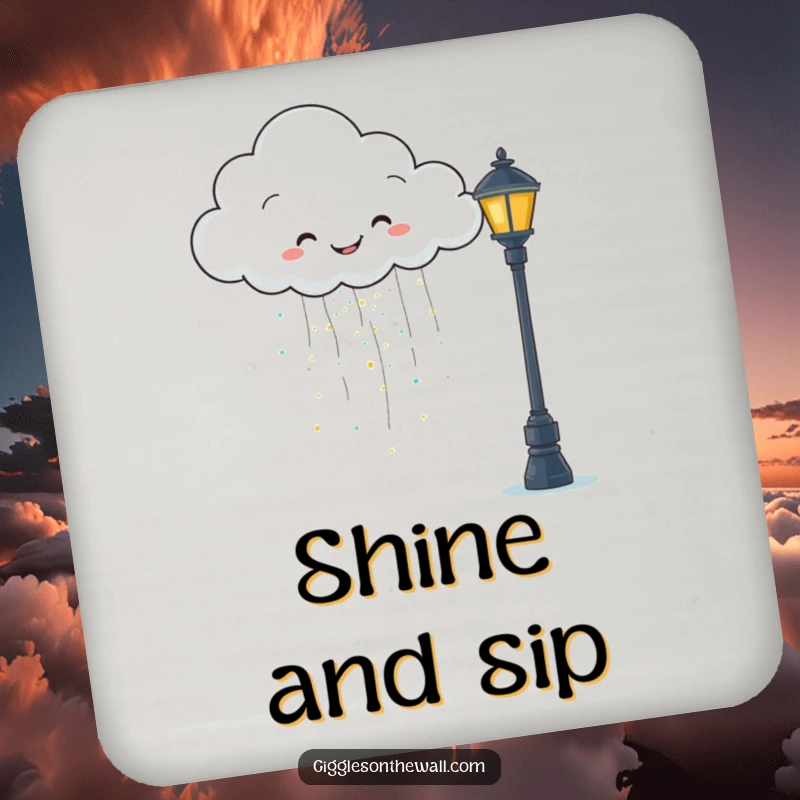 Funny drink coaster featuring a happy cloud raining glitter onto a grumpy lamppost, adding whimsical humor to surfaces.