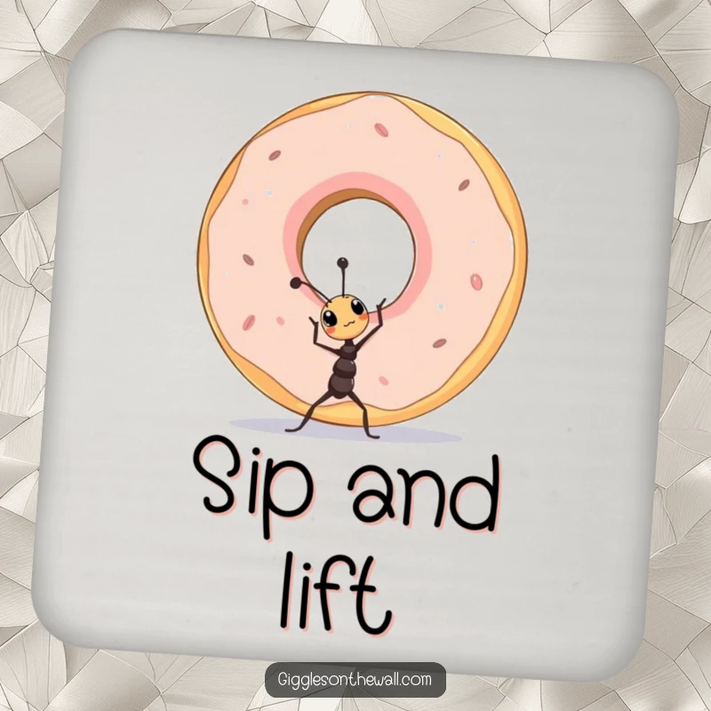 Funny tiny ant lifting a colossal donut on a drink coaster, protecting tables with motivation.