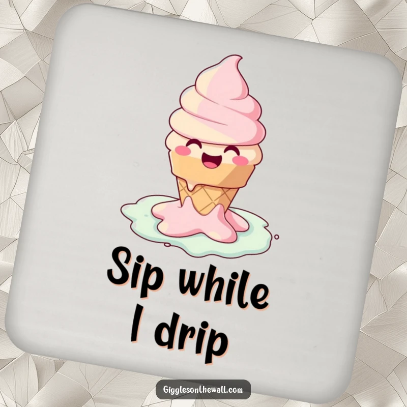 Funny drink coasters featuring a happy ice cream cone character melting into a puddle of joy, protecting surfaces with humor.