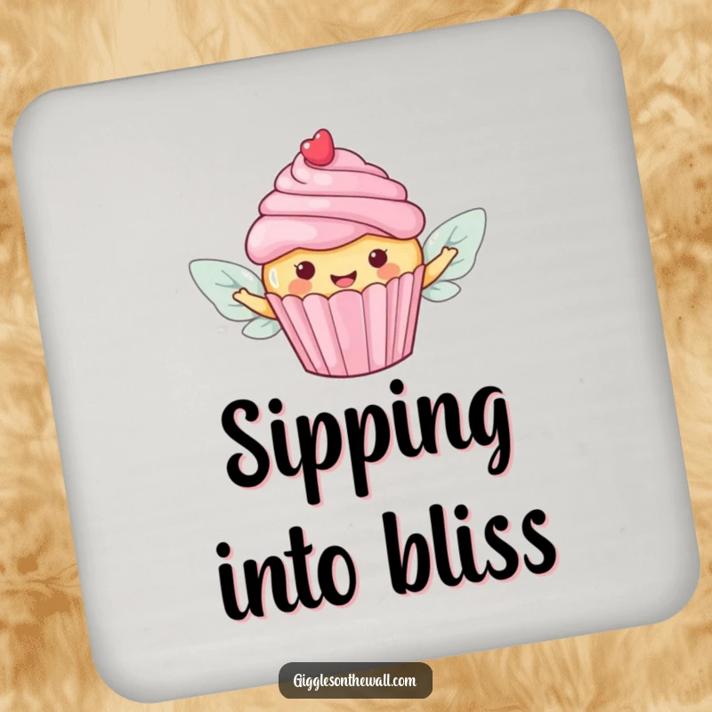 Funny drink coaster featuring a happy cupcake with candy wings, gracefully flying for a sweet and humorous touch.