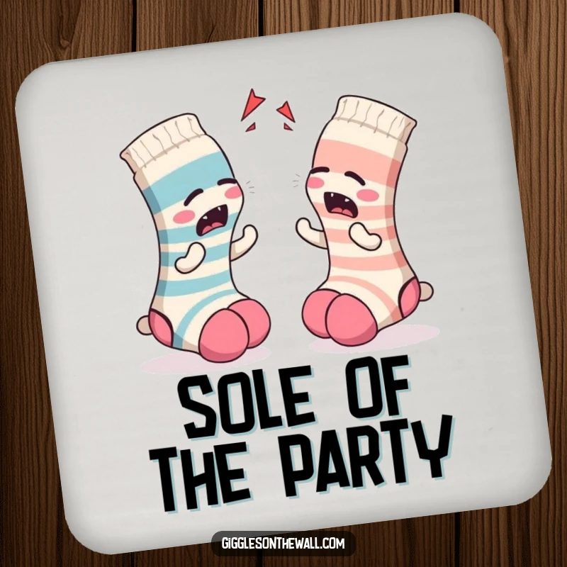 Funny Sock Coasters: A set of coasters showcasing a pair of socks in a dramatic argument, adding a fun element to drink service.