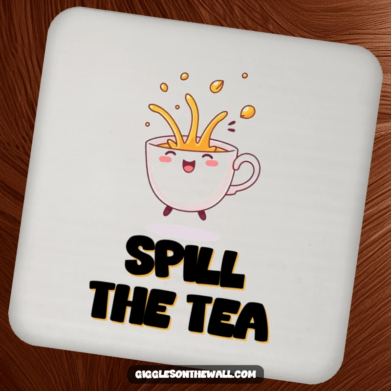 Funny Dancing Teacup Coaster, depicting a teacup mid-dance spilling with a comical flourish, protecting surfaces.