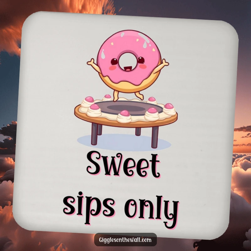 Funny donut character bouncing on a frosting trampoline on a drink coaster, bringing humorous and sweet-themed protection to any beverage.